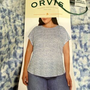 Orvis Women's XL Blue white Short Sleeve T-Shirt Relaxed Fit casual top